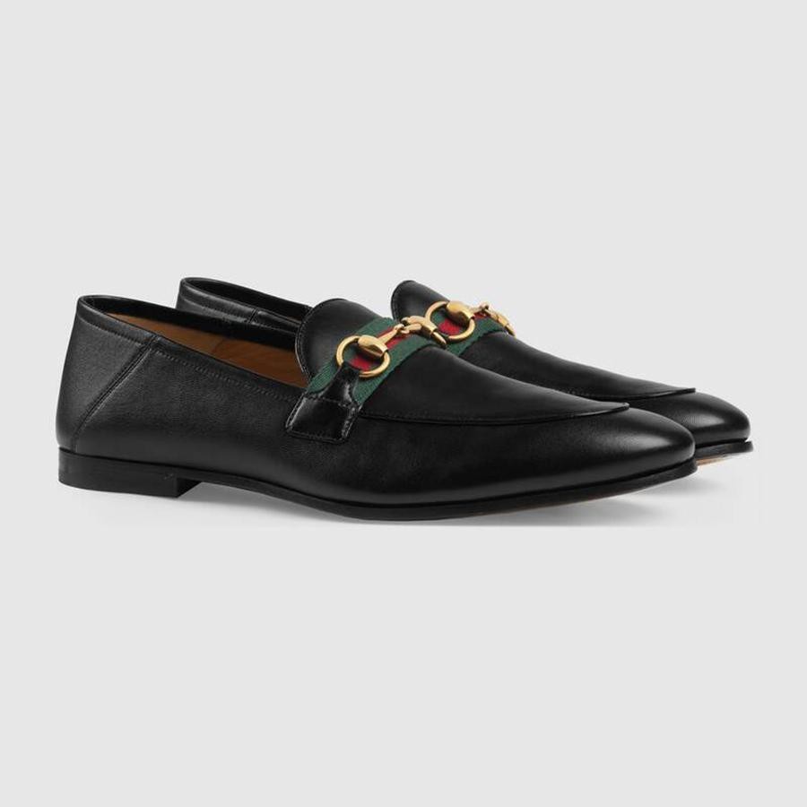Giày Gucci Men’s Leather Horsebit Loafer With Web Màu Đen