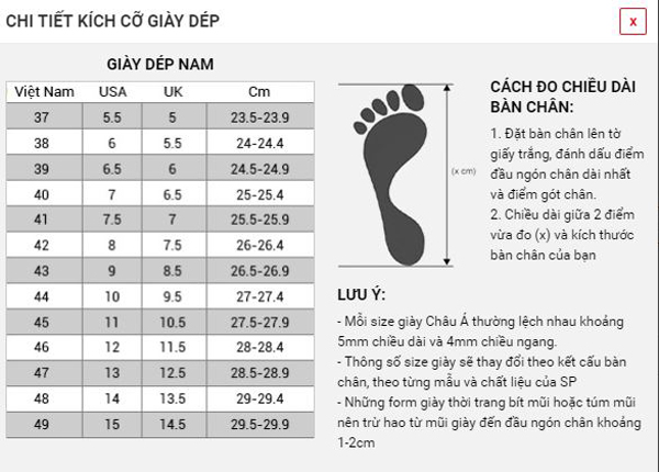 Cách đo chiều dài bàn chân và bảng quy đổi size giày nam