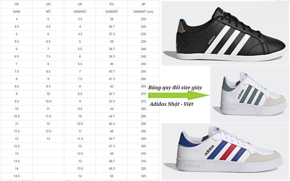 Bảng quy đổi size Adidas Nhật-Việt